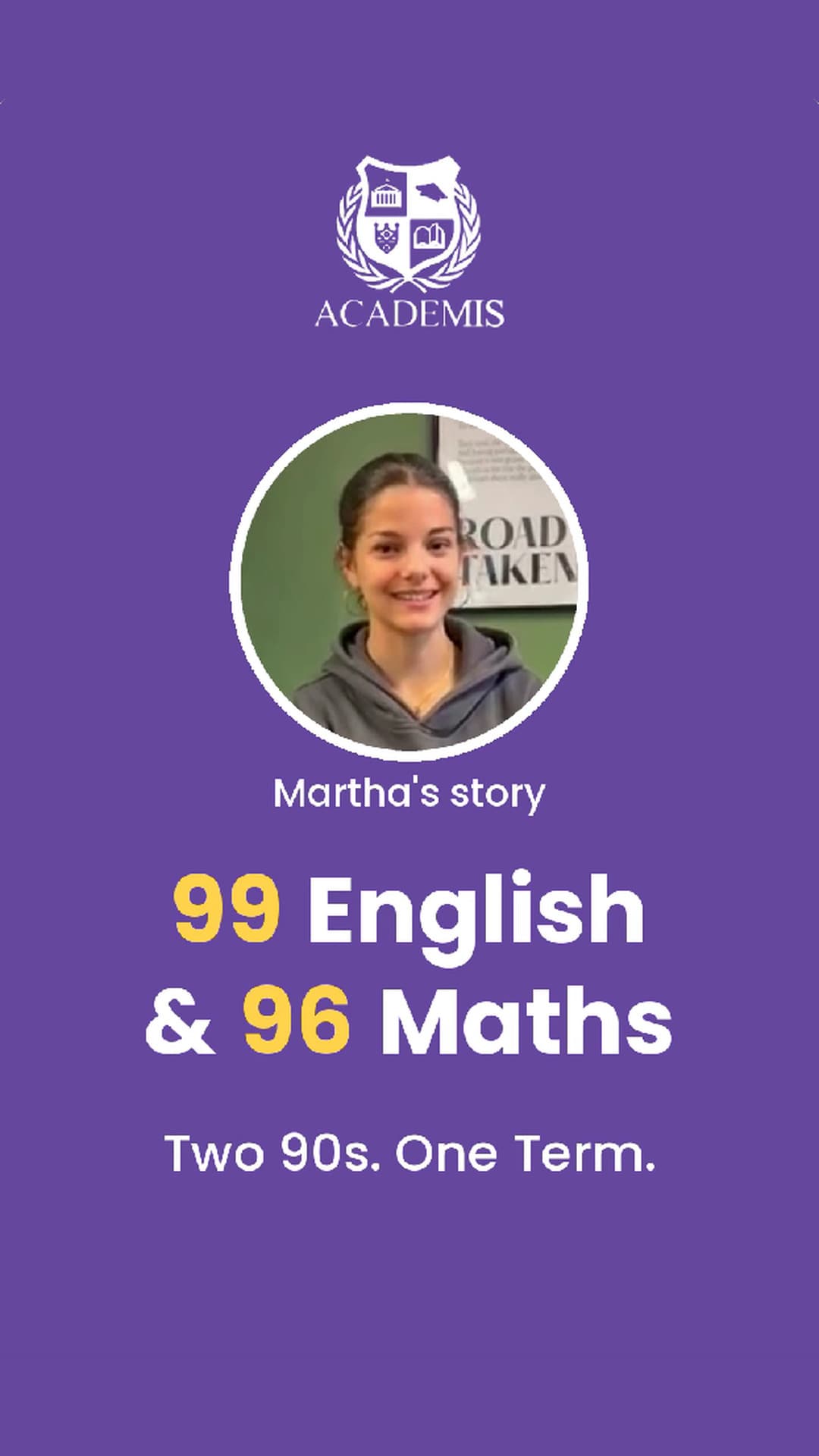 Martha's Academis story cover: 99 in English. 96 in Maths.