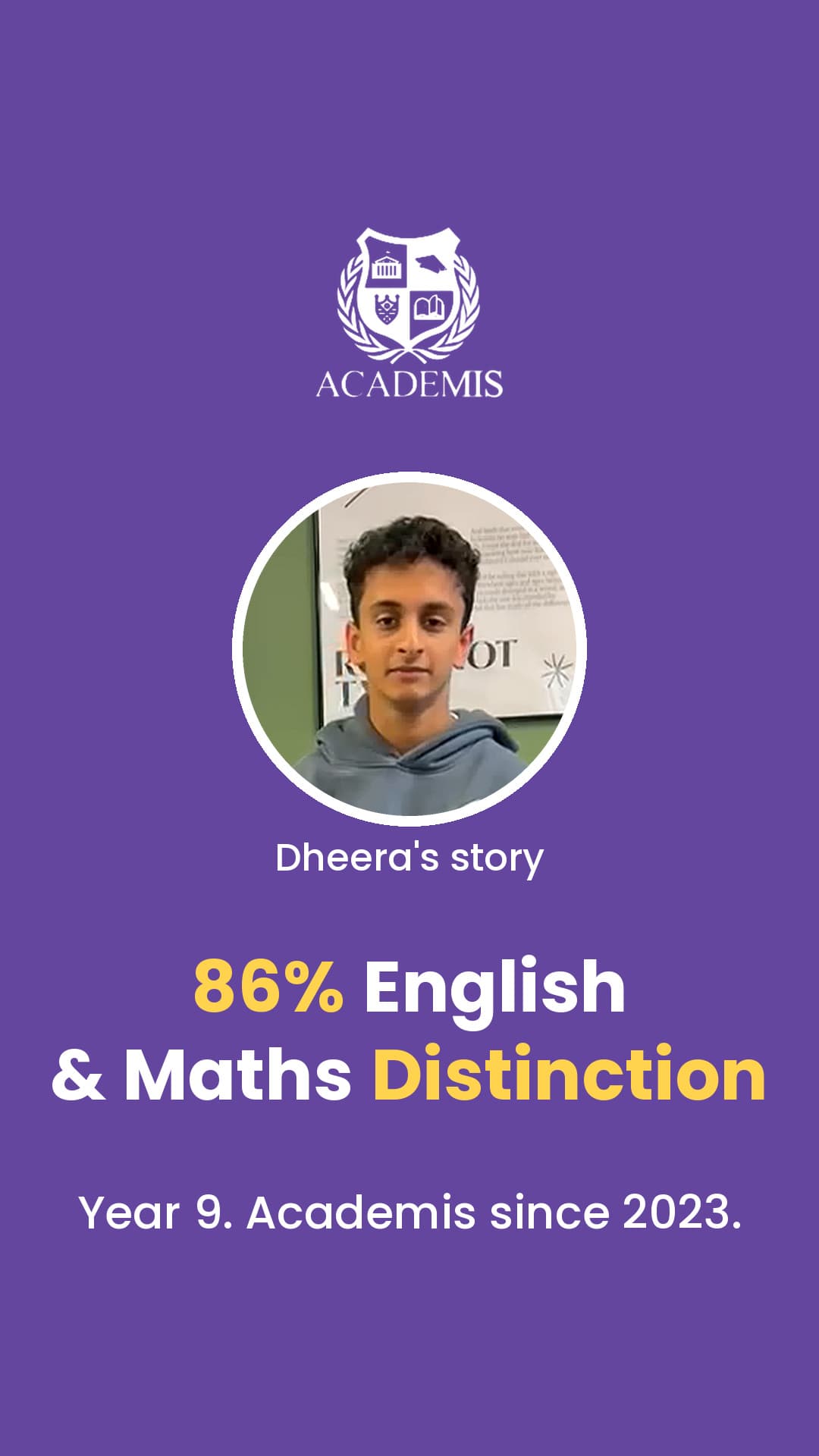 Dheera's Academis story cover: 86% in English. Distinction in Maths.